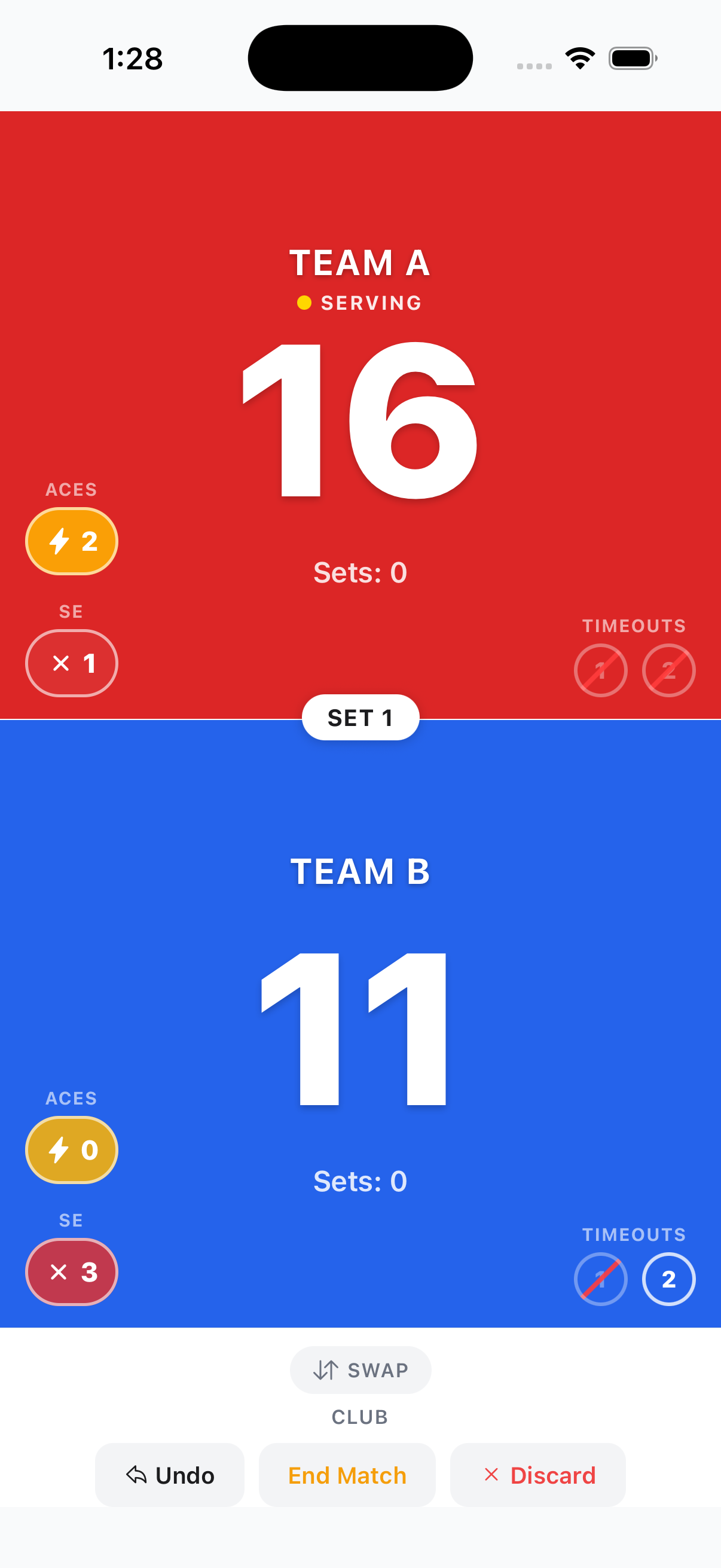 RallyPoint Scorekeeper active match — Team A 16, Team B 11, Set 1, Club format